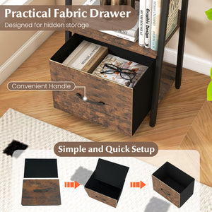 5-Tier Ladder Bookshelf with Fabric Drawer for Living Room and Home Office-Rustic Brown