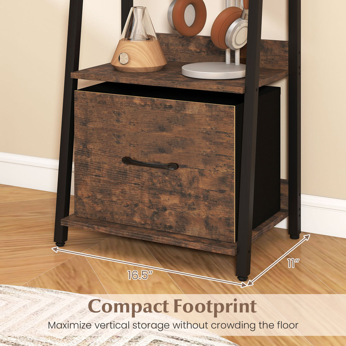 5-Tier Ladder Bookshelf with Fabric Drawer for Living Room and Home Office-Rustic Brown