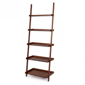 5-Tier Ladder Shelf Bamboo Bookshelf Wall-Leaning Storage Display Plant Stand-Walnut