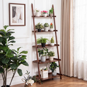 5-Tier Ladder Shelf Bamboo Bookshelf Wall-Leaning Storage Display Plant Stand-Walnut