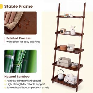 5-Tier Ladder Shelf Bamboo Bookshelf Wall-Leaning Storage Display Plant Stand-Walnut