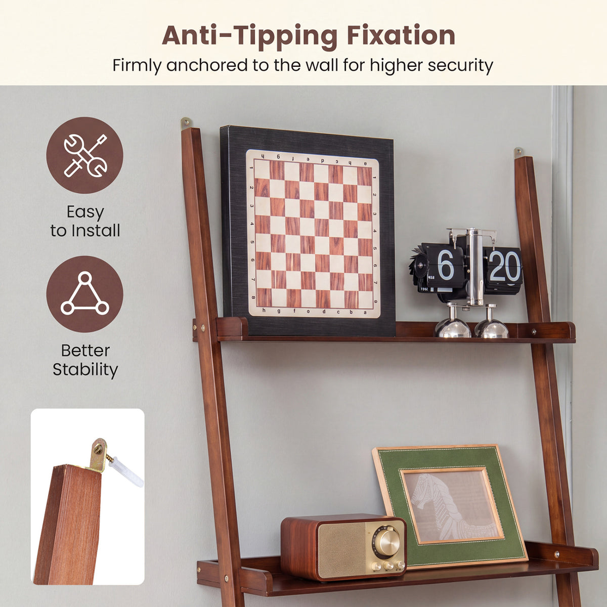 5-Tier Ladder Shelf Bamboo Bookshelf Wall-Leaning Storage Display Plant Stand-Walnut