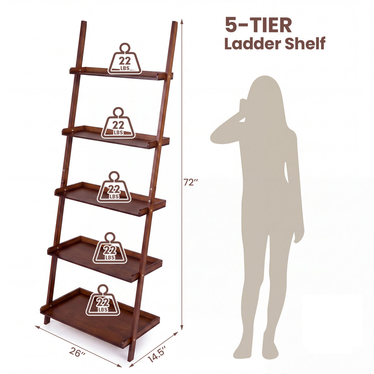 5-Tier Ladder Shelf Bamboo Bookshelf Wall-Leaning Storage Display Plant Stand-Walnut