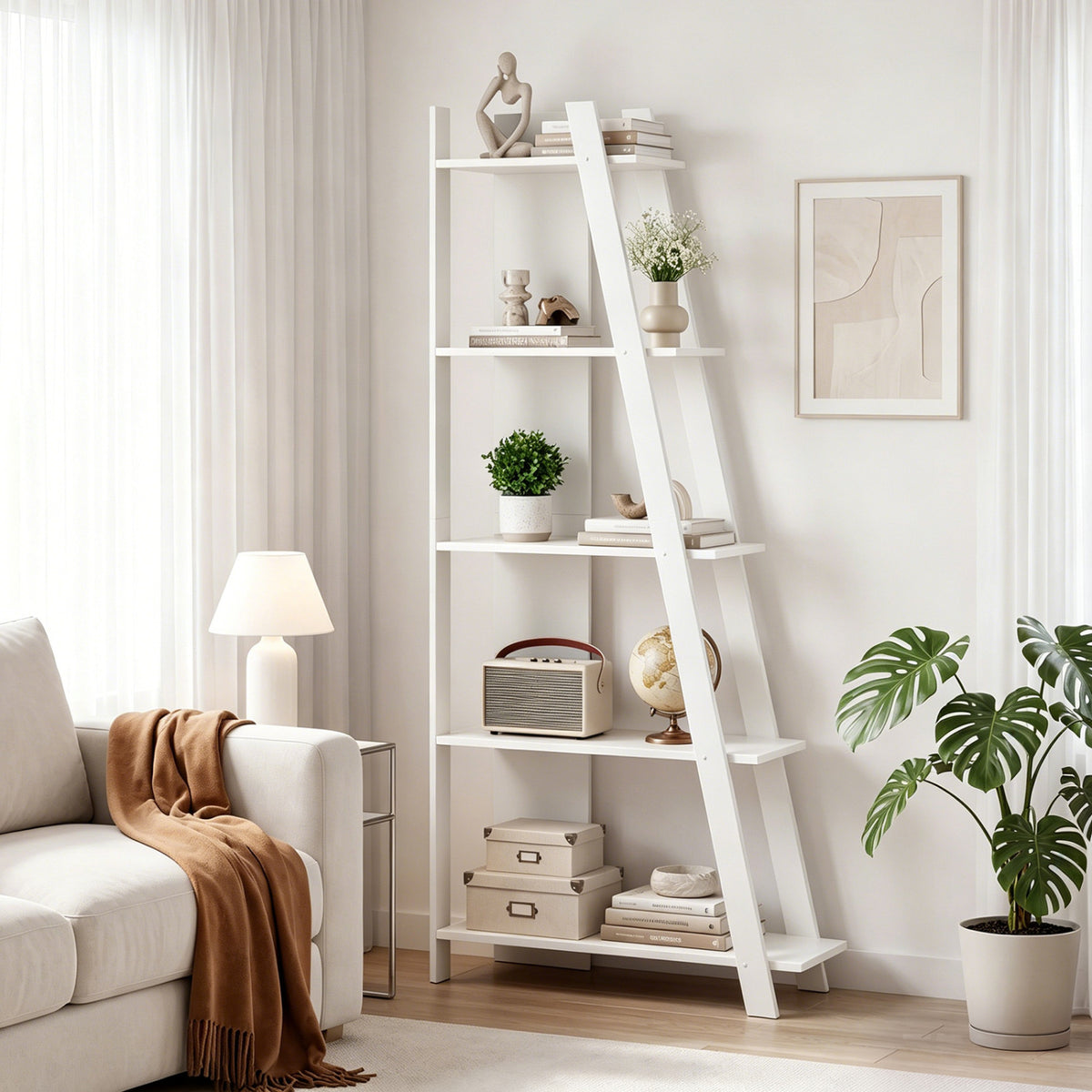 5-Tier Modern Bookshelf Narrow Vertical Display Shelf for Small Space-White