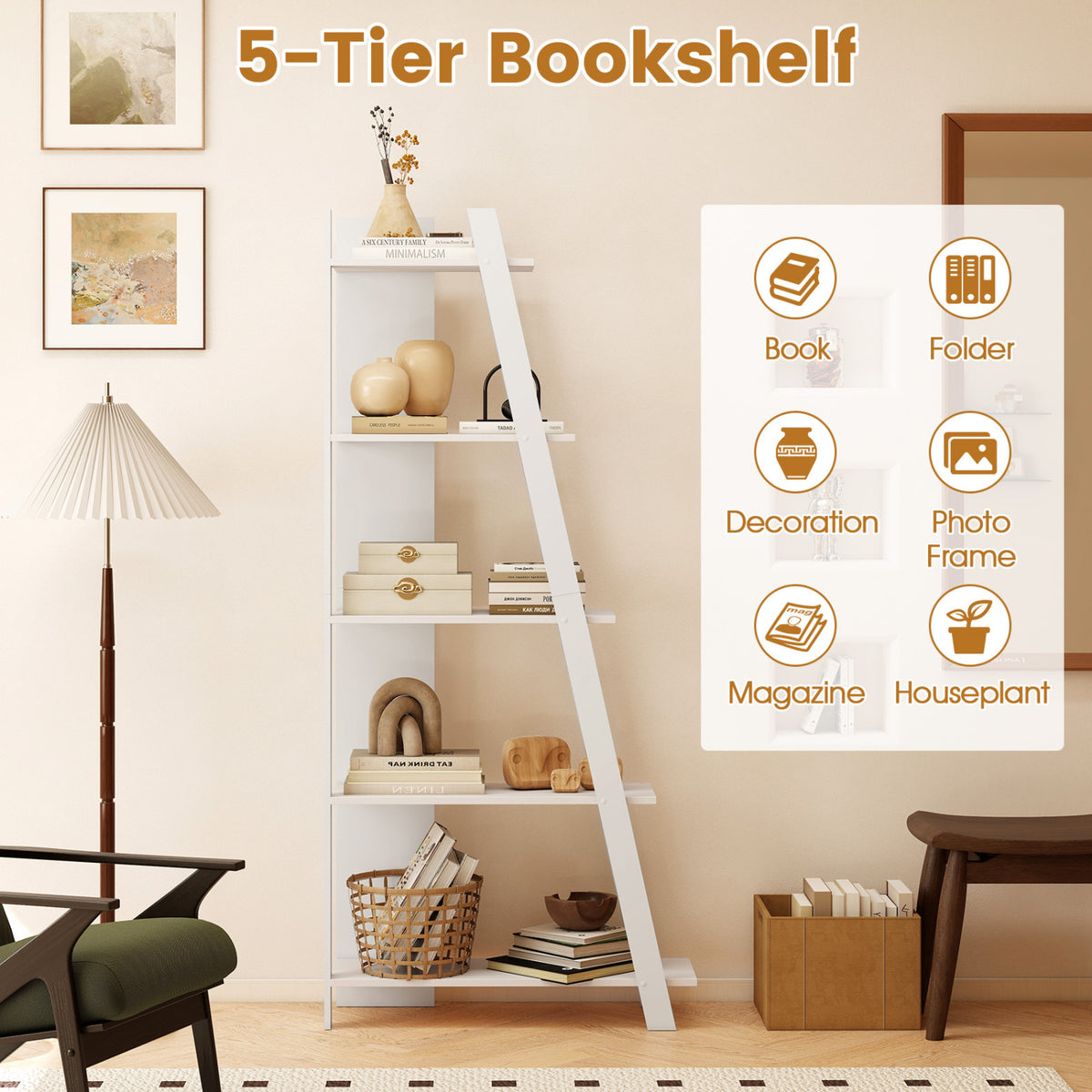 5-Tier Modern Bookshelf Narrow Vertical Display Shelf for Small Space-White