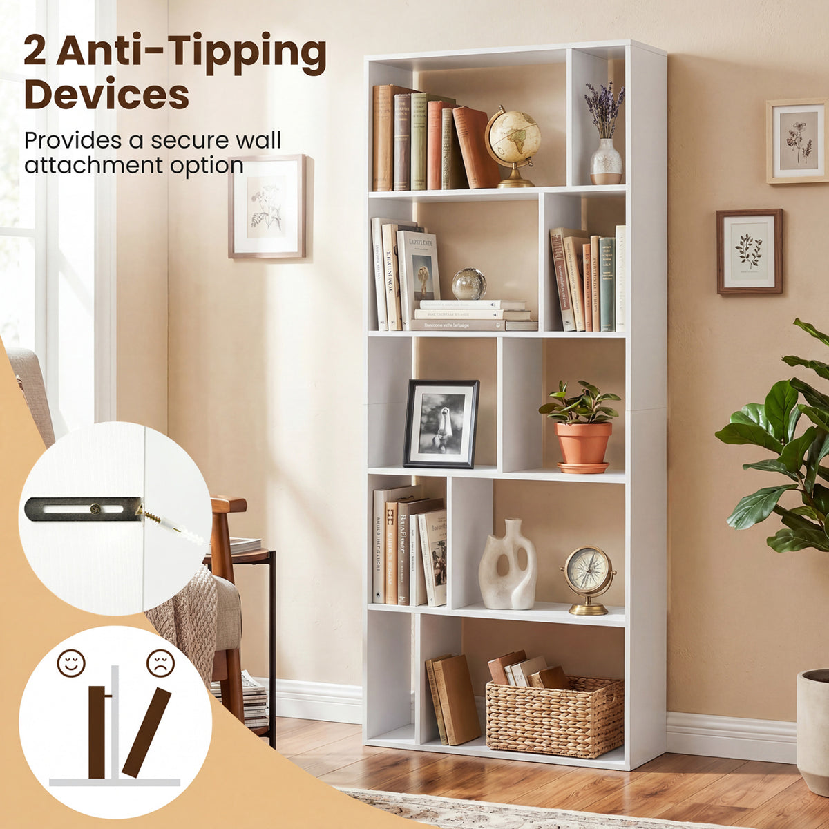 5-Tier Modern Bookshelf with Open Back and 2 Anti-Tipping Kits-White