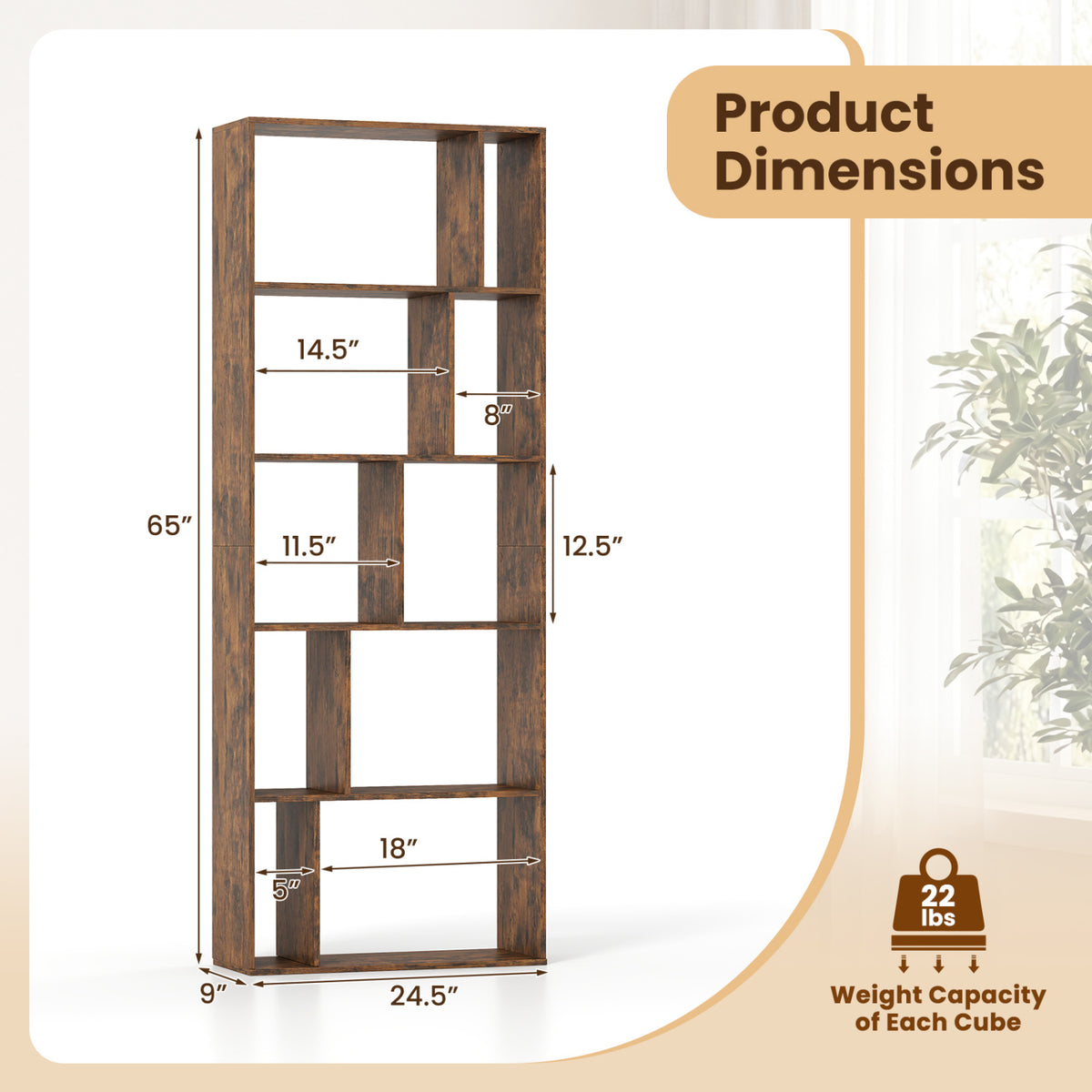 5-Tier Modern Bookshelf with Open Back and 2 Anti-Tipping Kits-Brown