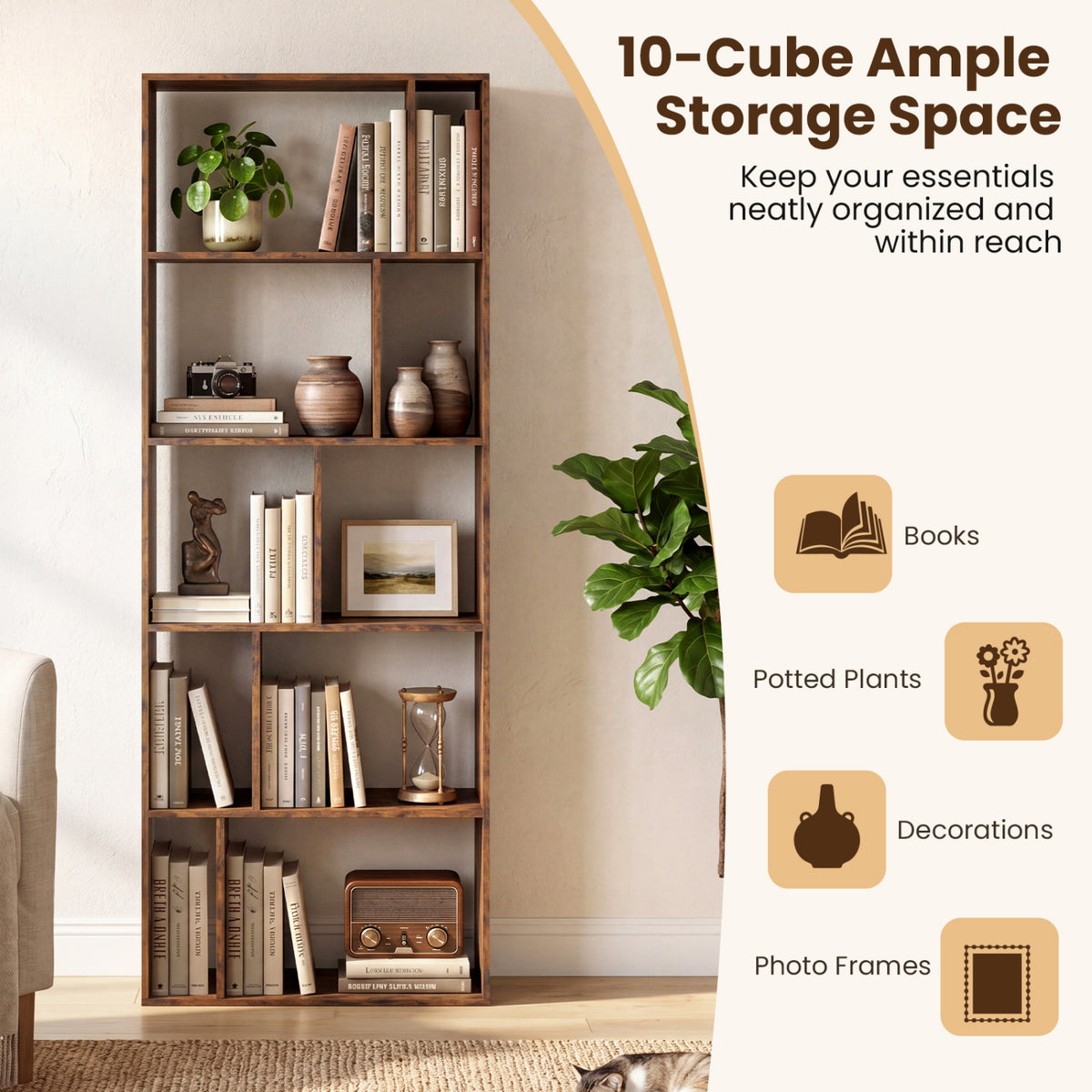 5-Tier Modern Bookshelf with Open Back and 2 Anti-Tipping Kits-Brown