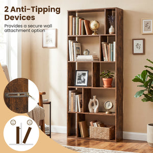 5-Tier Modern Bookshelf with Open Back and 2 Anti-Tipping Kits-Brown