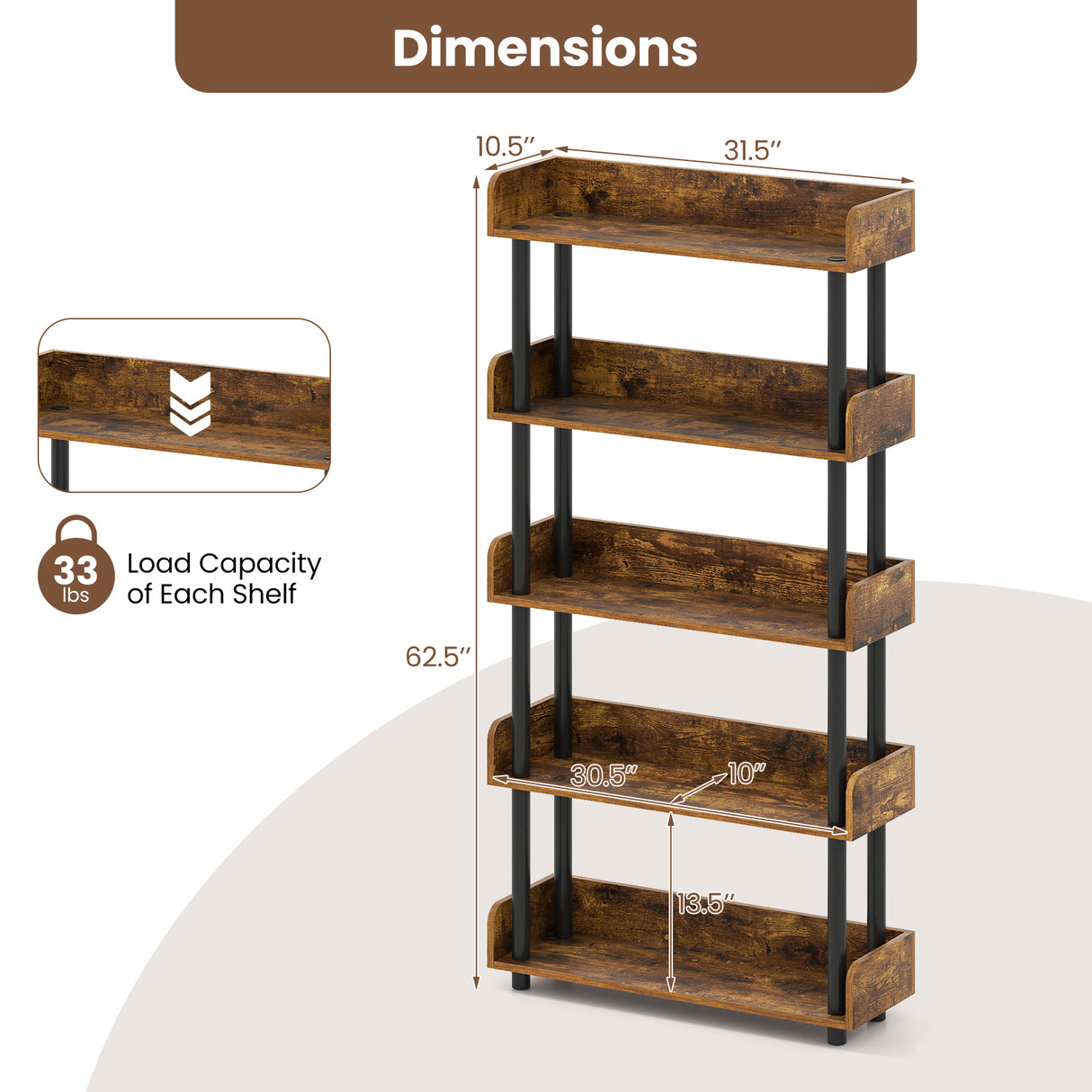 5-Tier Open Bookcase with Industrial Storage Unit-Rustic Brown