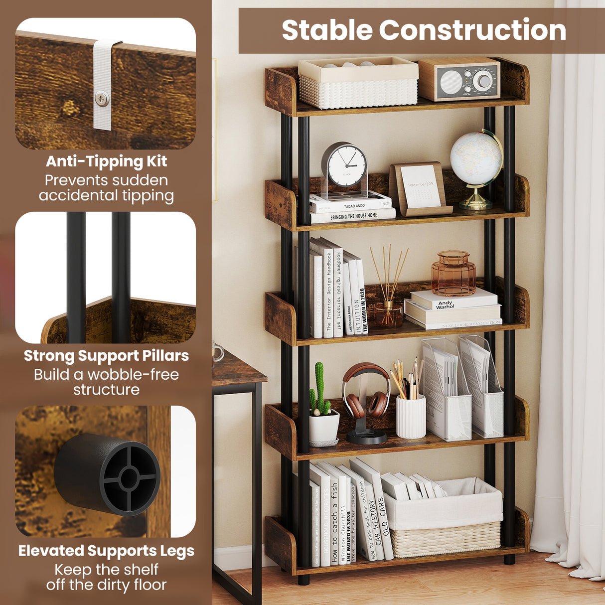 5-Tier Open Bookcase with Industrial Storage Unit-Rustic Brown