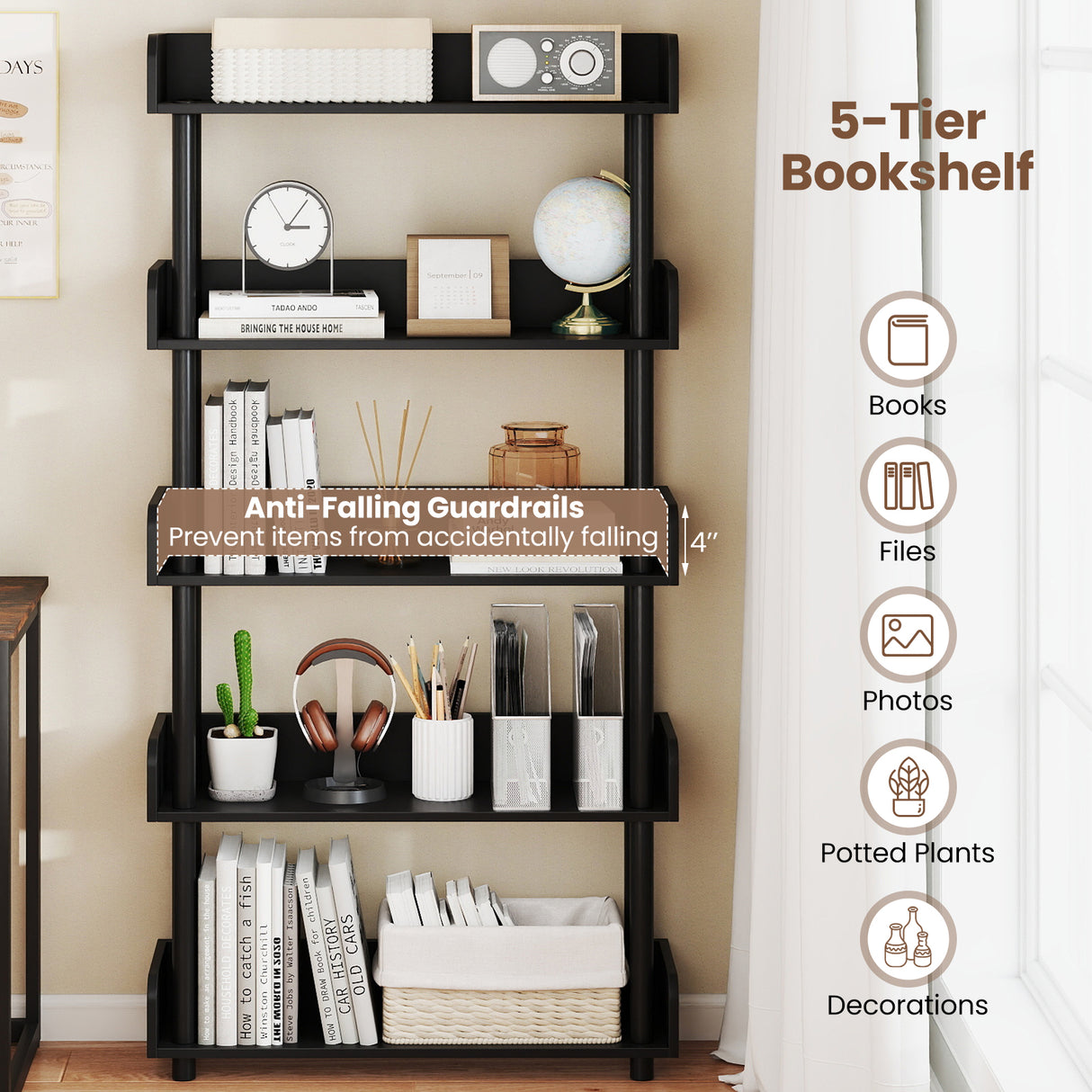 5-Tier Open Bookcase with Industrial Storage Unit-Black