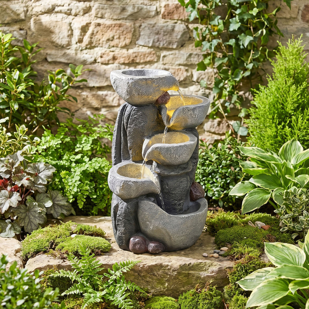 5-Tier Outdoor Water Fountain with LED Lights 17.5 Inch H for Patio Deck