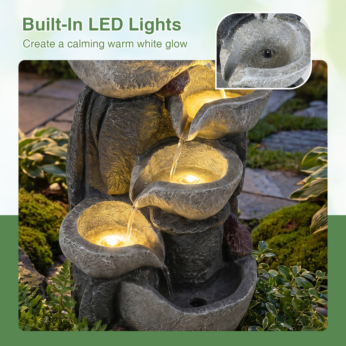 5-Tier Outdoor Water Fountain with LED Lights 17.5 Inch H for Patio Deck