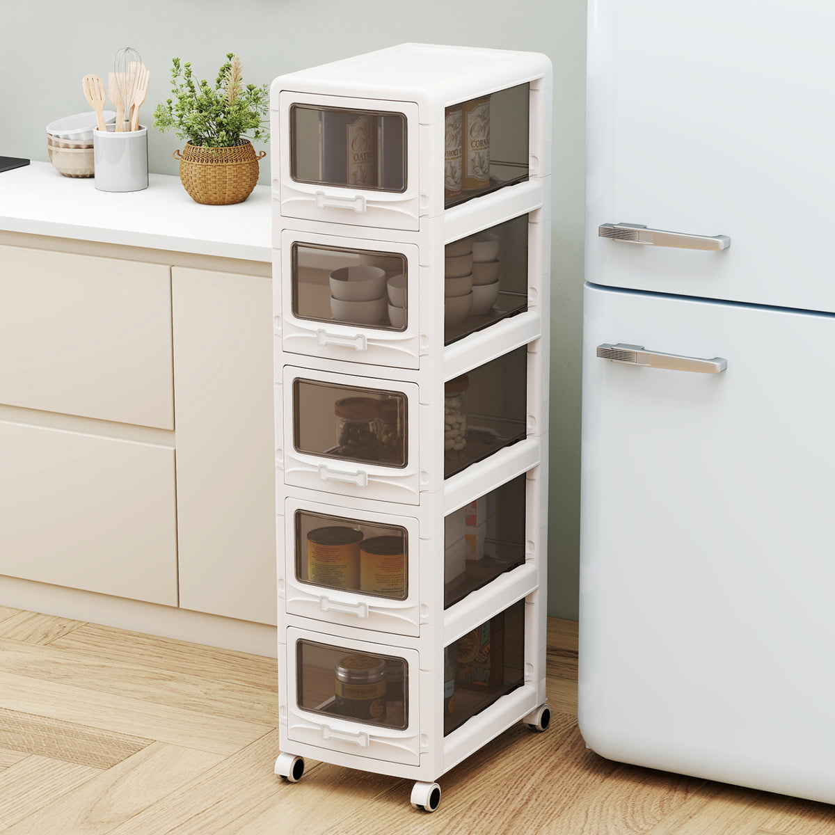 5-Tier Plastic Drawer Storage Organizer Rolling Cart with 3/4/5 Drawers and Lockable Wheels