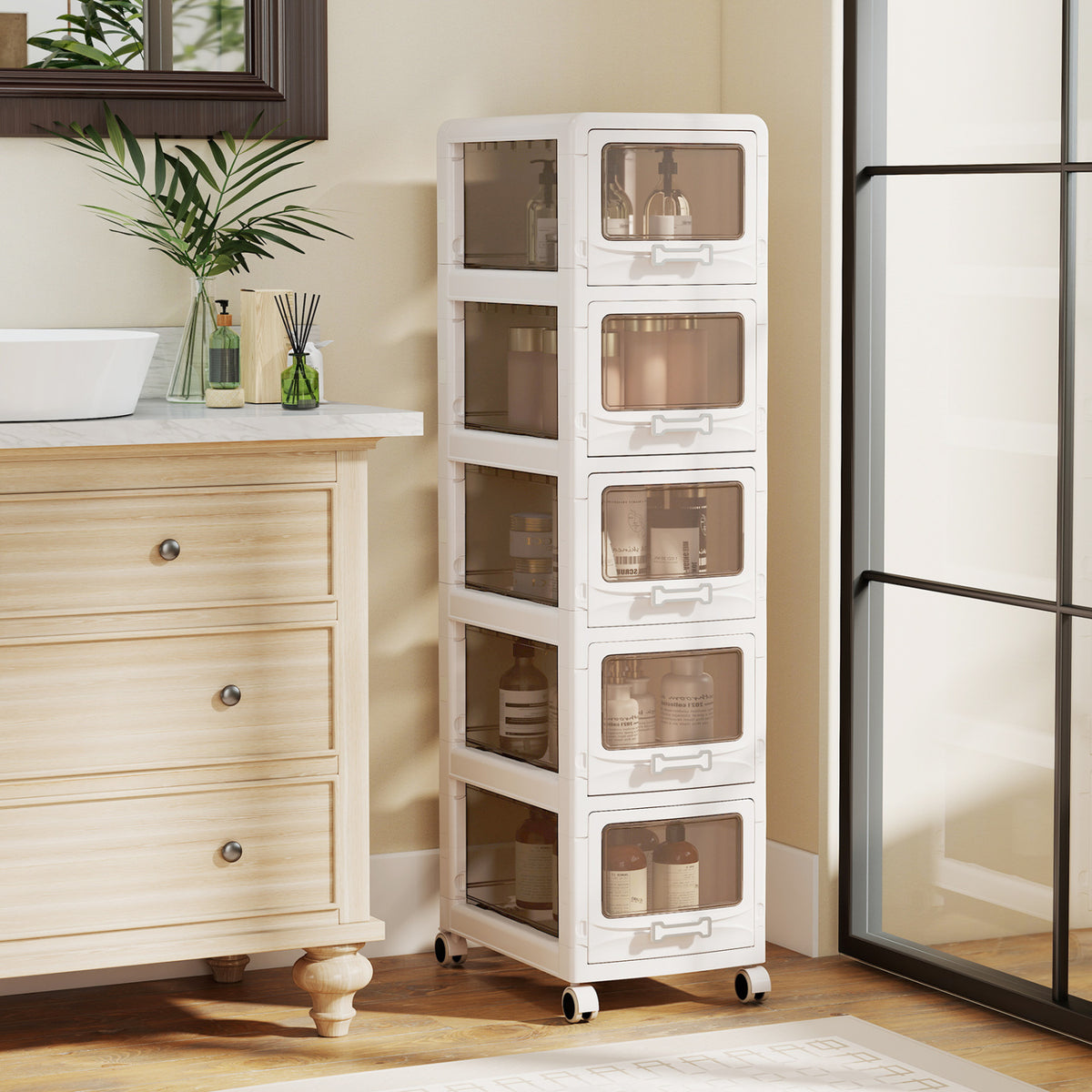 5-Tier Plastic Drawer Storage Organizer Rolling Cart with 3/4/5 Drawers and Lockable Wheels