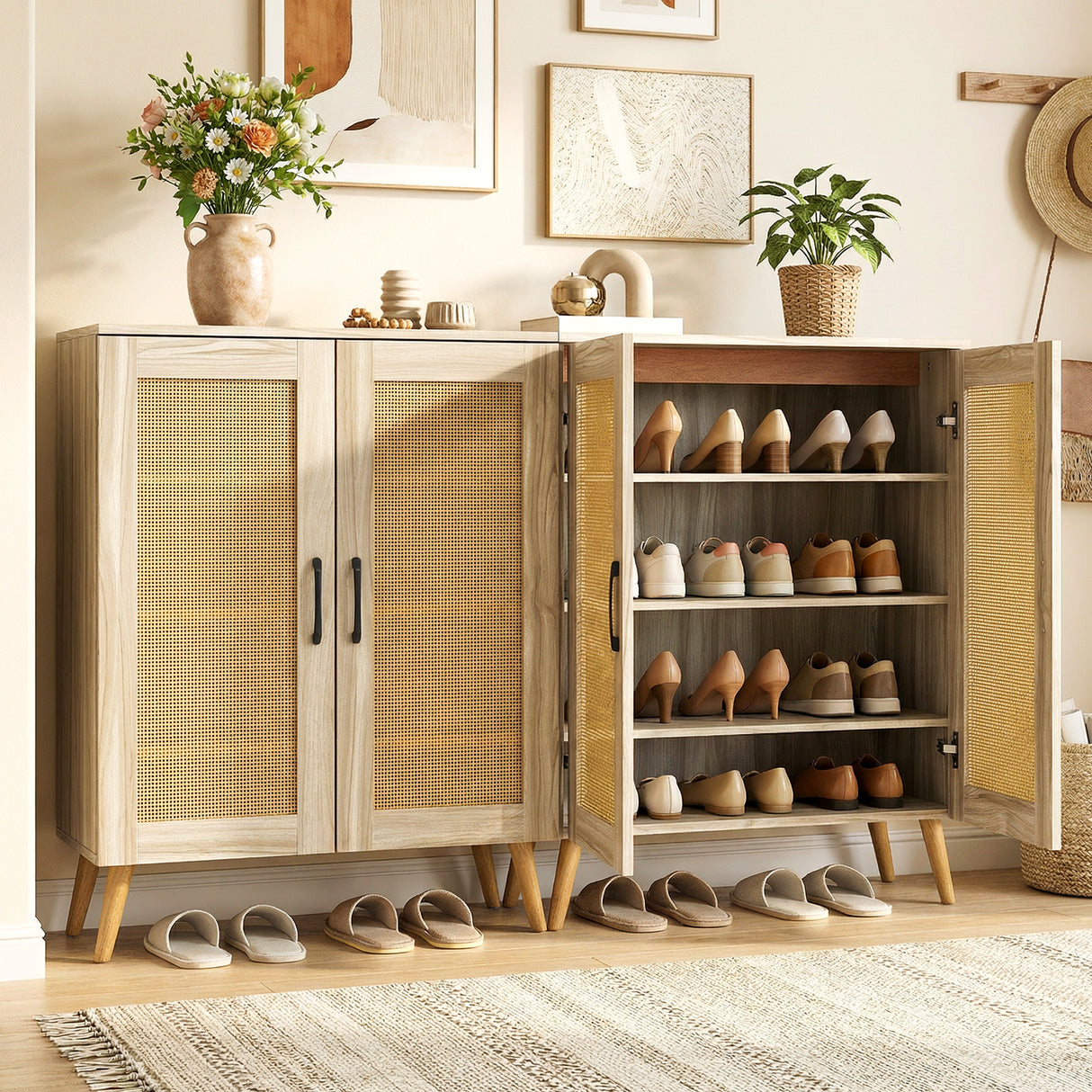 5-Tier Rattan Shoe Cabinet with 3 Removable Shelves-Natural