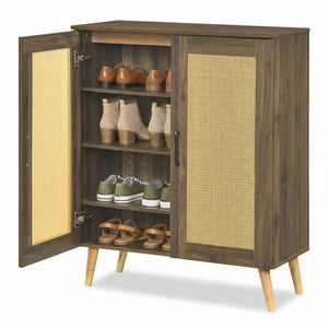 5-Tier Rattan Shoe Cabinet with 3 Removable Shelves-Walnut