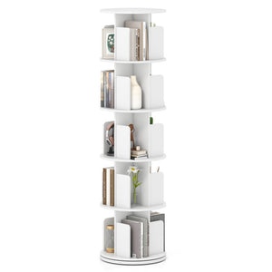 5-Tier Rotating Bookshelf 360° Display Rack with Dividers and Anti-falling Baffles-White