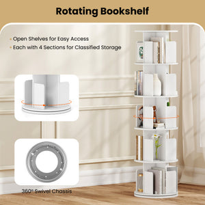 5-Tier Rotating Bookshelf 360° Display Rack with Dividers and Anti-falling Baffles-White