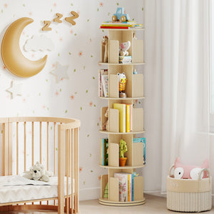 5-Tier Rotating Bookshelf 360° Display Rack with Dividers and Anti-falling Baffles-Natural