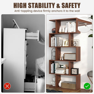 5-Tier S-Shaped Bookshelf with Anti-Tip Kit for Living Room Home Office-Walnut