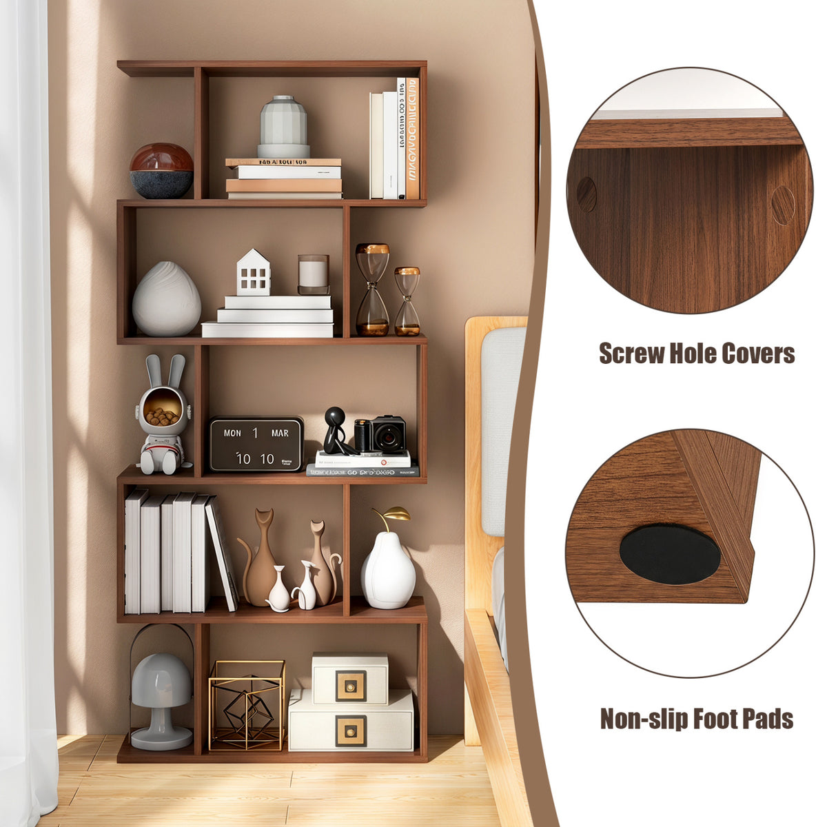 5-Tier S-Shaped Bookshelf with Anti-Tip Kit for Living Room Home Office-Walnut