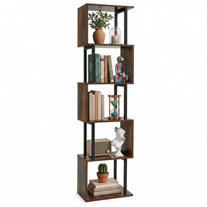 5-Tier S-Shaped Bookshelf w/ Open Cubes & Anti-toppling Kits for Living Room-Rustic Brown