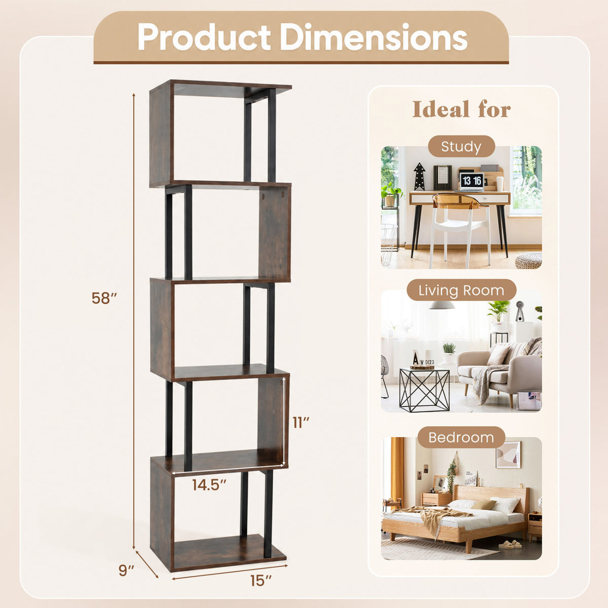 5-Tier S-Shaped Bookshelf w/ Open Cubes & Anti-toppling Kits for Living Room-Rustic Brown
