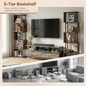 5-Tier S-Shaped Bookshelf w/ Open Cubes & Anti-toppling Kits for Living Room-Rustic Brown