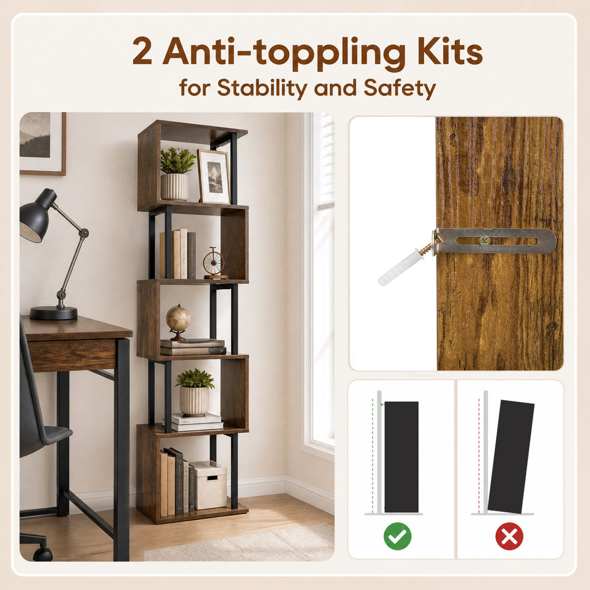 5-Tier S-Shaped Bookshelf w/ Open Cubes & Anti-toppling Kits for Living Room-Rustic Brown