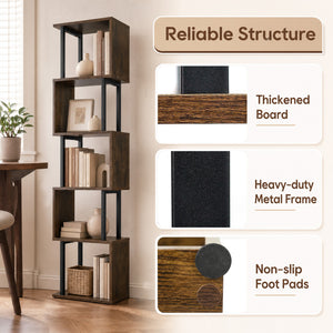 5-Tier S-Shaped Bookshelf w/ Open Cubes & Anti-toppling Kits for Living Room-Rustic Brown