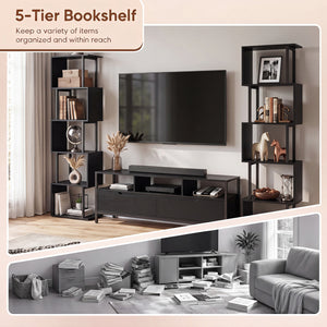 5-Tier S-Shaped Bookshelf w/ Open Cubes & Anti-toppling Kits for Living Room-Black