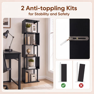 5-Tier S-Shaped Bookshelf w/ Open Cubes & Anti-toppling Kits for Living Room-Black