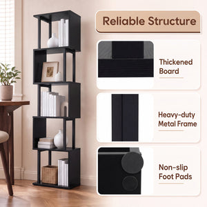 5-Tier S-Shaped Bookshelf w/ Open Cubes & Anti-toppling Kits for Living Room-Black