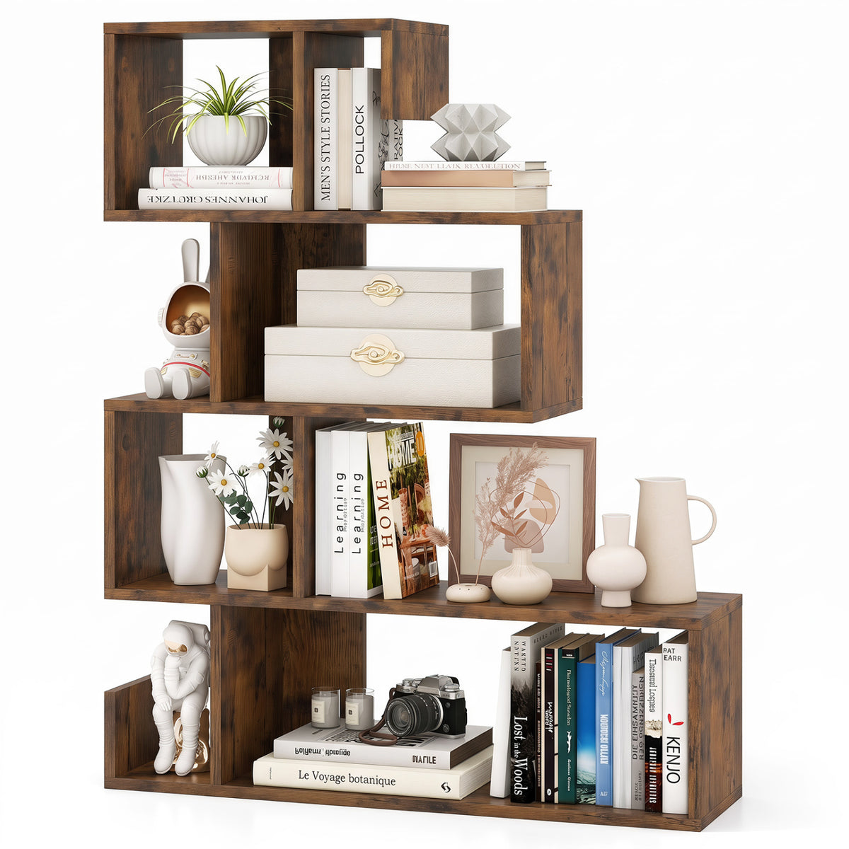 5-Tier S-Shaped Bookshelf Geometric Z-Shelf Bookcase with Open Cubes-Rustic Brown