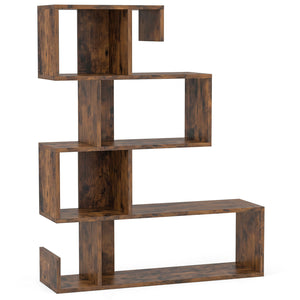 5-Tier S-Shaped Bookshelf Geometric Z-Shelf Bookcase with Open Cubes-Rustic Brown