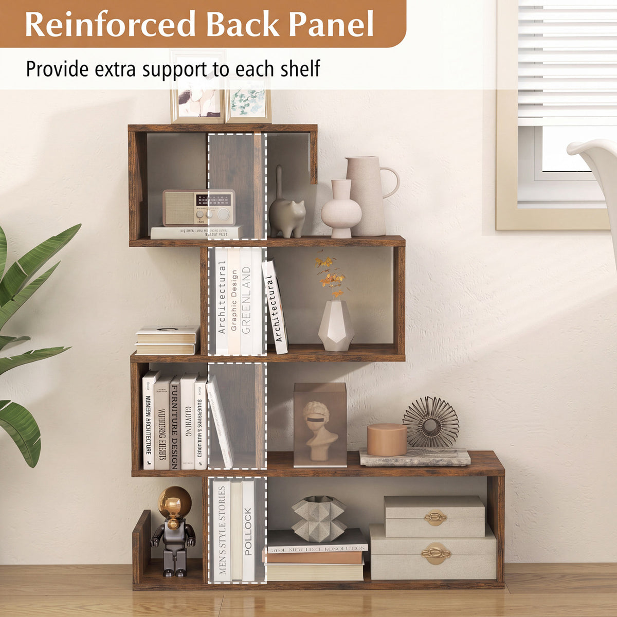 5-Tier S-Shaped Bookshelf Geometric Z-Shelf Bookcase with Open Cubes-Rustic Brown