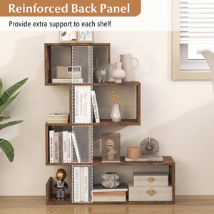 5-Tier S-Shaped Bookshelf Geometric Z-Shelf Bookcase with Open Cubes-Rustic Brown