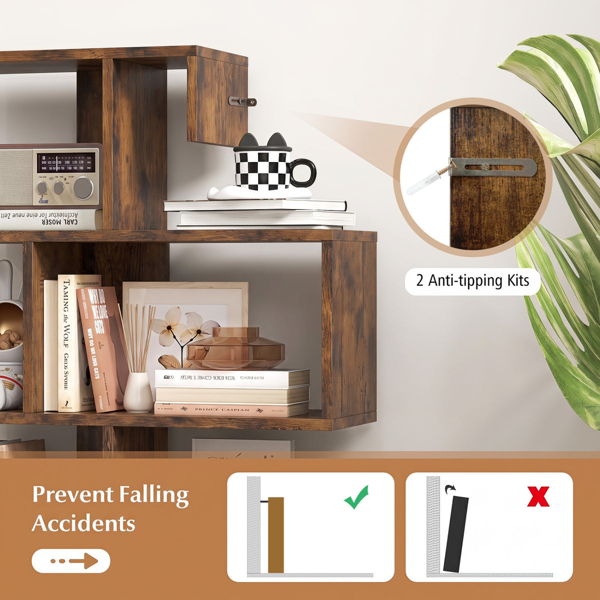 5-Tier S-Shaped Bookshelf Geometric Z-Shelf Bookcase with Open Cubes-Rustic Brown