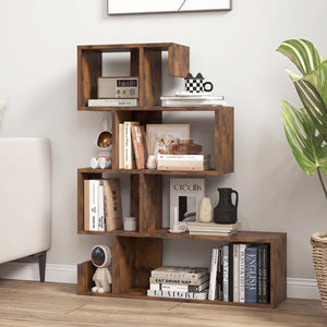 5-Tier S-Shaped Bookshelf Geometric Z-Shelf Bookcase with Open Cubes-Rustic Brown