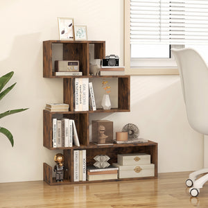 5-Tier S-Shaped Bookshelf Geometric Z-Shelf Bookcase with Open Cubes-Rustic Brown