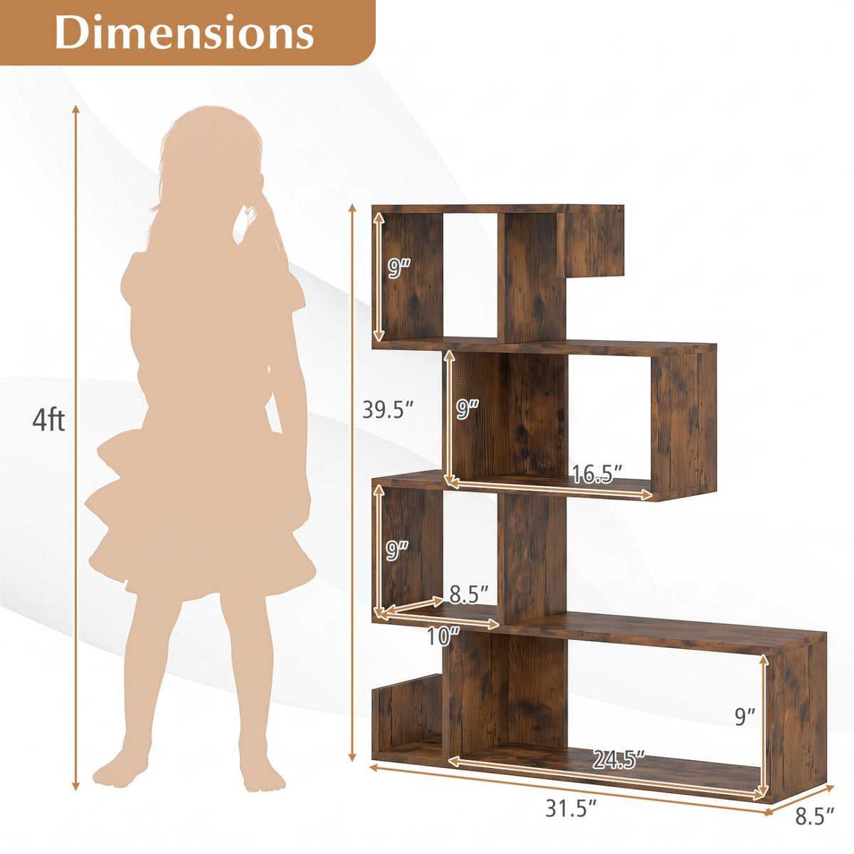 5-Tier S-Shaped Bookshelf Geometric Z-Shelf Bookcase with Open Cubes-Rustic Brown