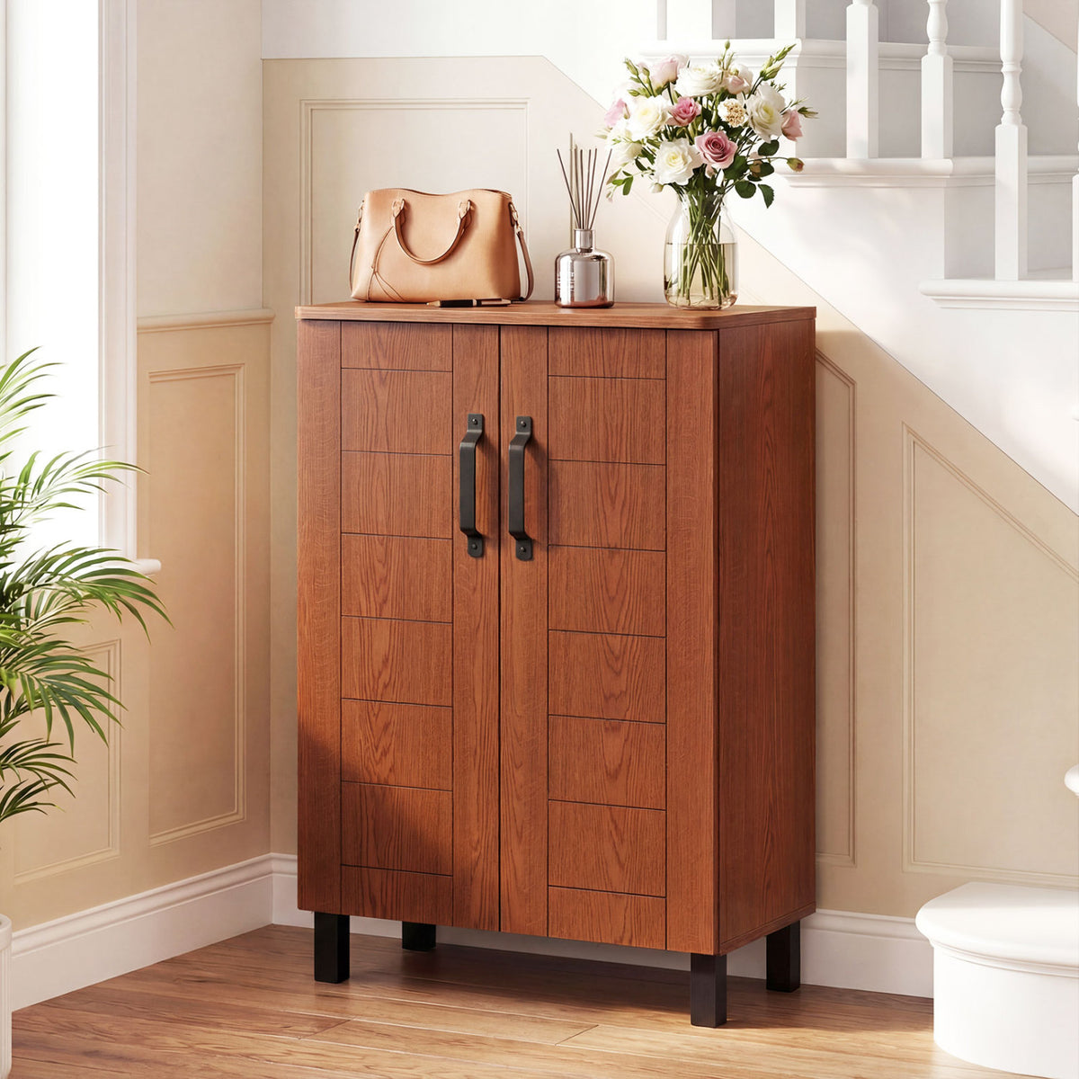 5-Tier Shoe Storage Cabinet Freestanding Wooden Shoe Rack Organizer-Brown