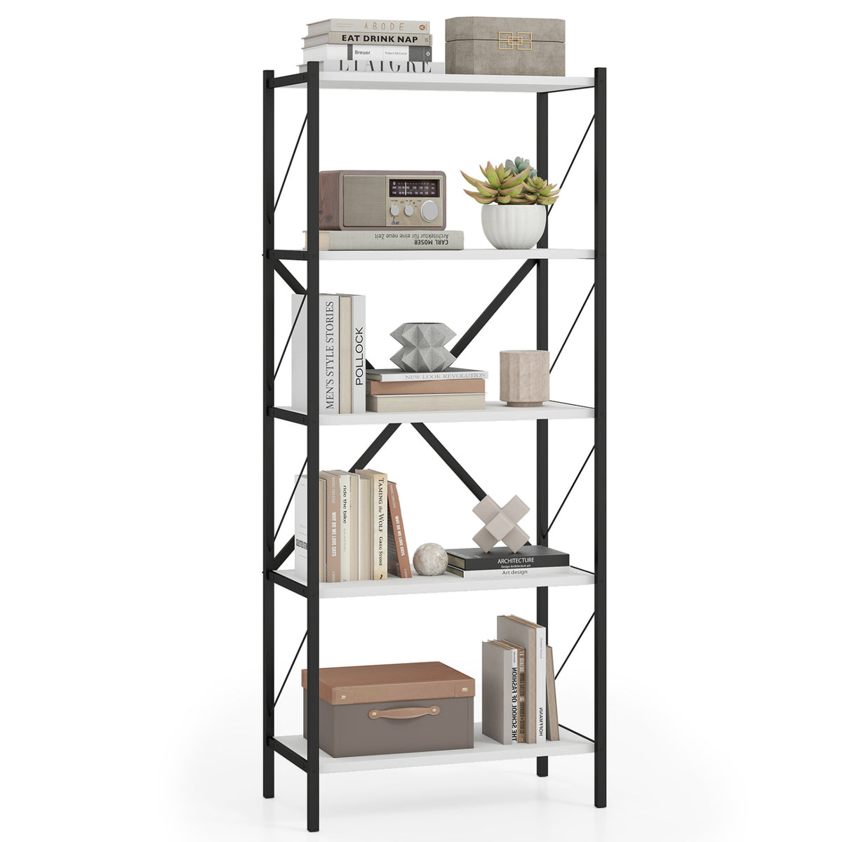 5-Tier Tall Bookshelf Industrial Bookcase with Heavy-Duty Metal Frame Modern Storage-White