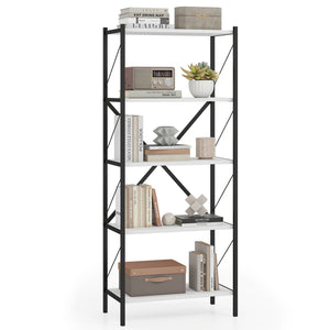 5-Tier Tall Bookshelf Industrial Bookcase with Heavy-Duty Metal Frame Modern Storage-White
