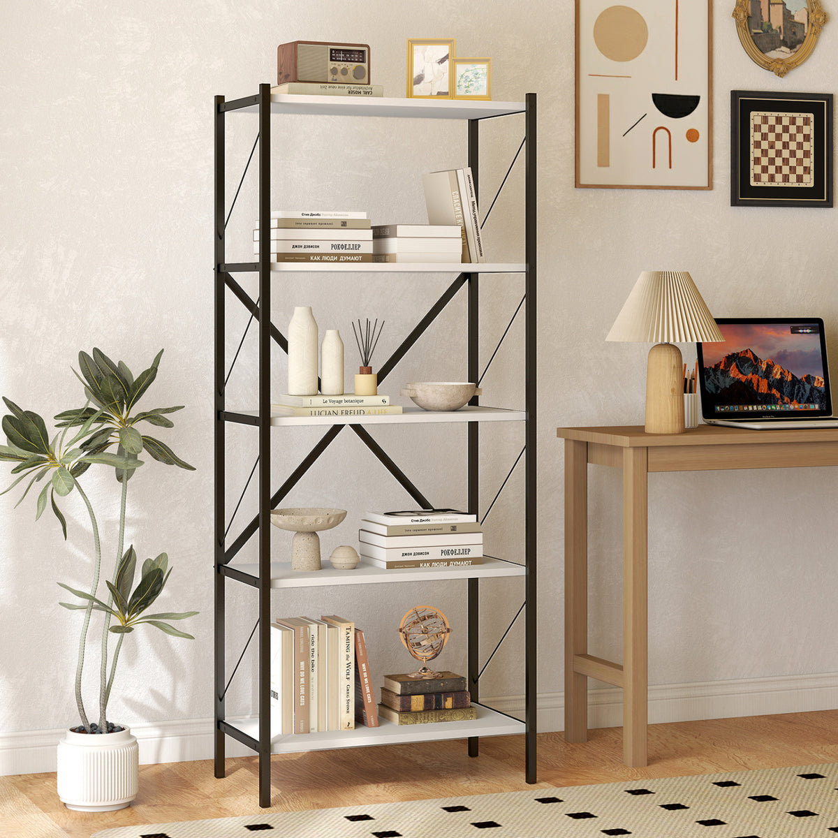 5-Tier Tall Bookshelf Industrial Bookcase with Heavy-Duty Metal Frame Modern Storage-White