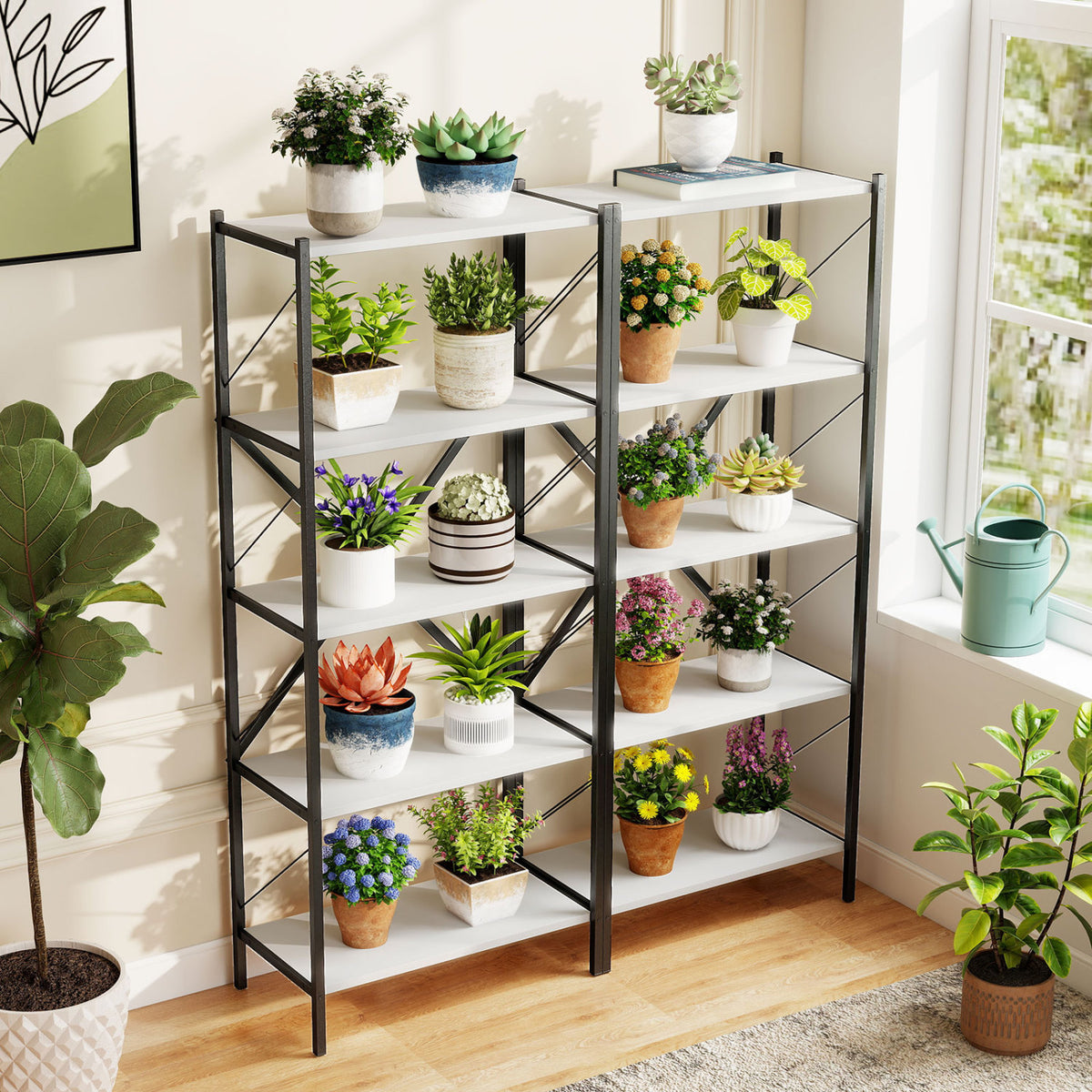 5-Tier Tall Bookshelf Industrial Bookcase with Heavy-Duty Metal Frame Modern Storage-White