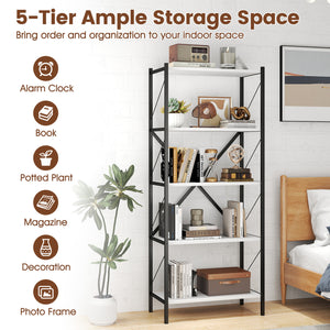 5-Tier Tall Bookshelf Industrial Bookcase with Heavy-Duty Metal Frame Modern Storage-White