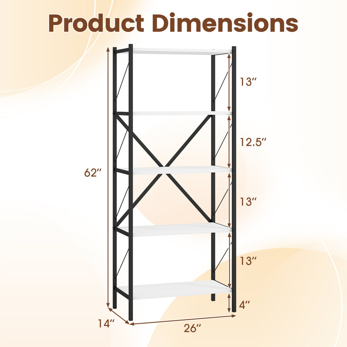 5-Tier Tall Bookshelf Industrial Bookcase with Heavy-Duty Metal Frame Modern Storage-White
